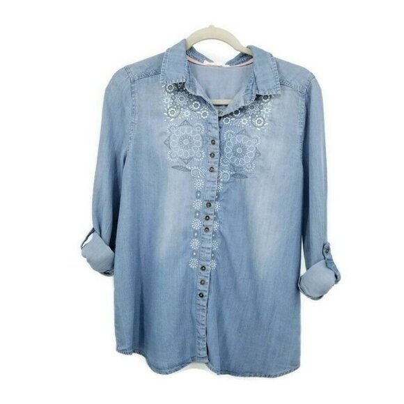 Hint Of Mint Chambray Button Down Front with Lace Inset Back Size M denim & Lace - Picture 2 of 12